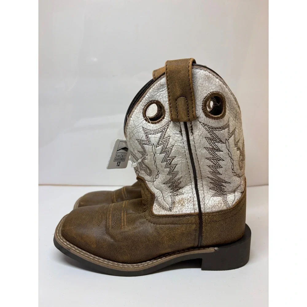 Smoky Mountain Kids Brown Leather Cream Embroidered Cowboy Boots 3108C Size 12 R